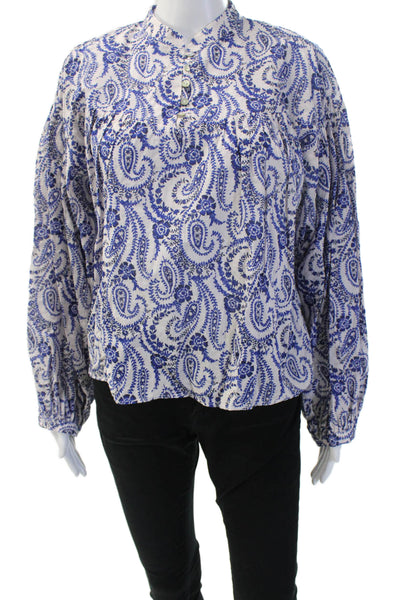 Zara Womens Tunic High Neck Paisley Cotton Long Sleeve Button Blue Size S