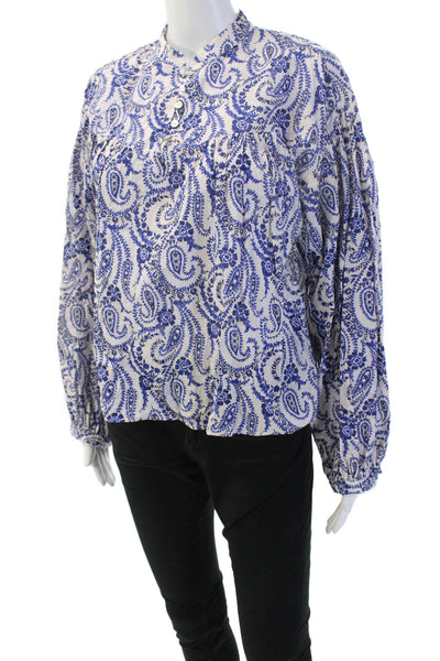 Zara Womens Tunic High Neck Paisley Cotton Long Sleeve Button Blue Size S