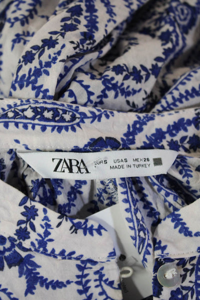 Zara Womens Tunic High Neck Paisley Cotton Long Sleeve Button Blue Size S