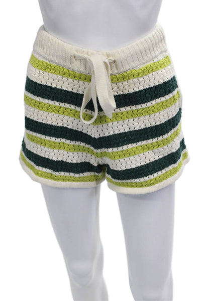 Aligne Unisex Green Striped Organic Cotton Drawstring Beach Shorts Size S