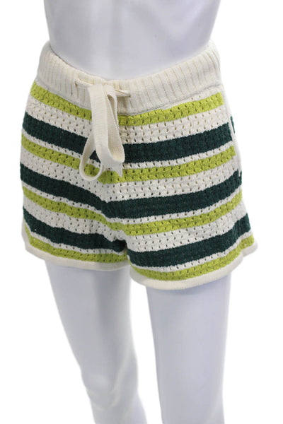 Aligne Unisex Green Striped Organic Cotton Drawstring Beach Shorts Size S