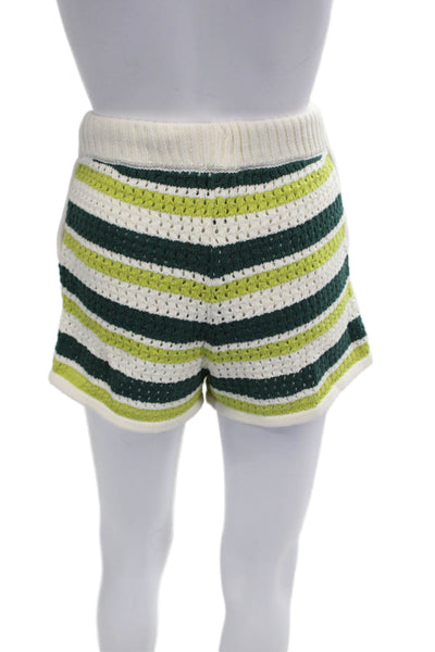 Aligne Unisex Green Striped Organic Cotton Drawstring Beach Shorts Size S