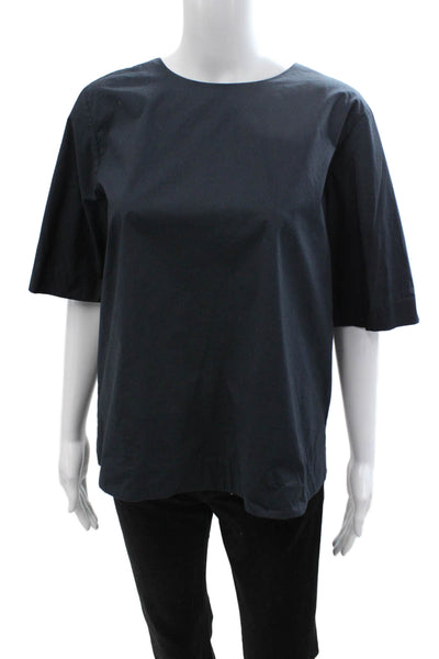 Everlane Women Black Basic Blouse Short Sleeve Round Neck Zip Cotton Size M