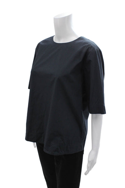 Everlane Women Black Basic Blouse Short Sleeve Round Neck Zip Cotton Size M