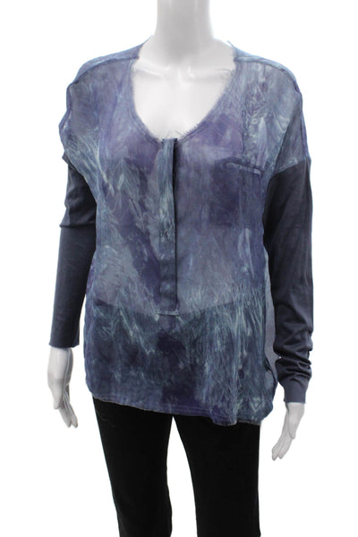 Go By GoSilk Women Tunic Blouse Blue Silk V Neck Long Sleeve Boho Size S