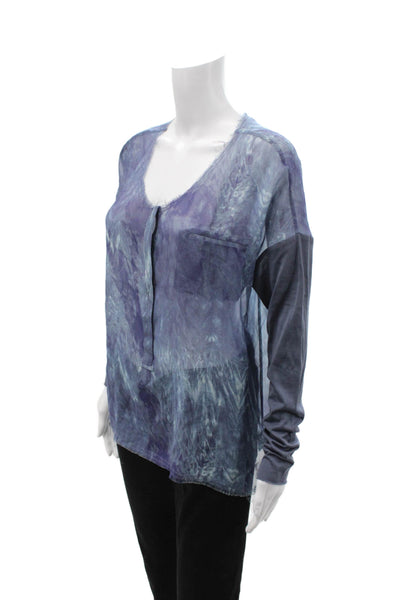 Go By GoSilk Women Tunic Blouse Blue Silk V Neck Long Sleeve Boho Size S