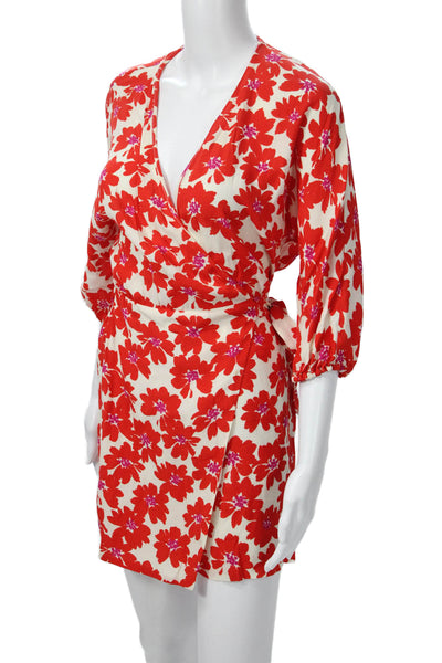 Zara Women Beige Floral Wrap Mini Dress V-Neck 3/4 Sleeve Polyester Size XS