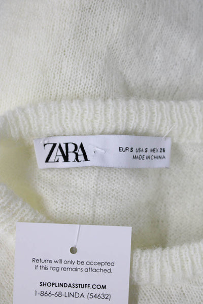 Zara Women Pullover Sweater White Polyester Crew Neck Long Sleeve Size S