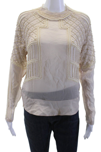 Zara Women Beige High Neck Button Viscose Bohemian Blouse Long Sleeve Size S