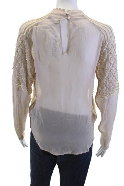 Zara Women Beige High Neck Button Viscose Bohemian Blouse Long Sleeve Size S