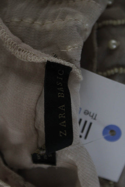 Zara Women Beige High Neck Button Viscose Bohemian Blouse Long Sleeve Size S