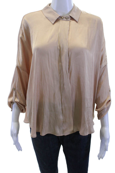 Zara Women Basic Beige Collared Button Long Sleeve Silk Blend Blouse Size S