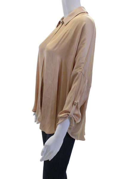 Zara Women Basic Beige Collared Button Long Sleeve Silk Blend Blouse Size S