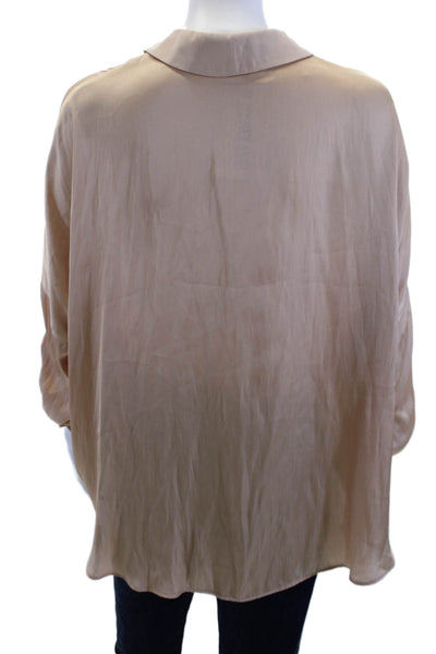 Zara Women Basic Beige Collared Button Long Sleeve Silk Blend Blouse Size S