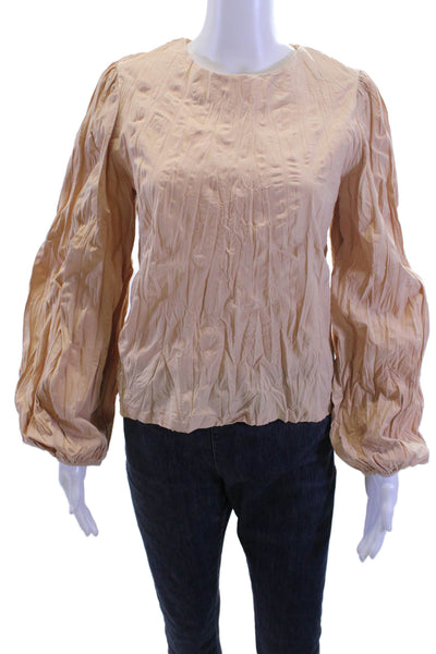 Zara Womens Beige Bohemian Blouse Long Sleeve Zip Round Neck Size S