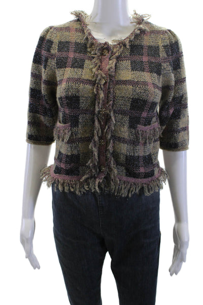 Zara Womens Plaid Cardigan Beige Button Round Neck 3/4 Sleeve Polyester Size S