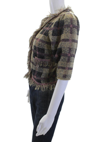 Zara Womens Plaid Cardigan Beige Button Round Neck 3/4 Sleeve Polyester Size S