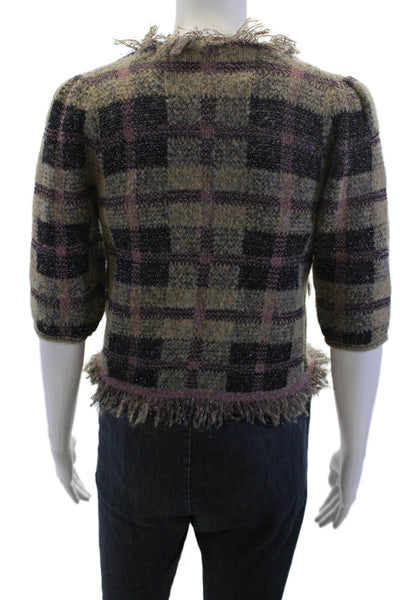 Zara Womens Plaid Cardigan Beige Button Round Neck 3/4 Sleeve Polyester Size S