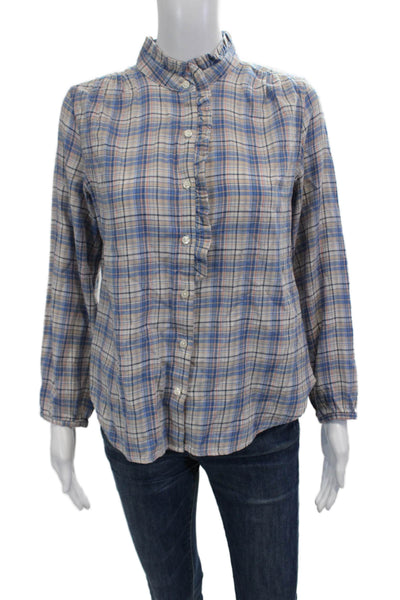 Trovata Women Bohemian Plaid High Neck Button Up Blouse Long Sleeve Size XS