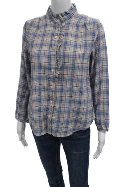 Trovata Women Bohemian Plaid High Neck Button Up Blouse Long Sleeve Size XS