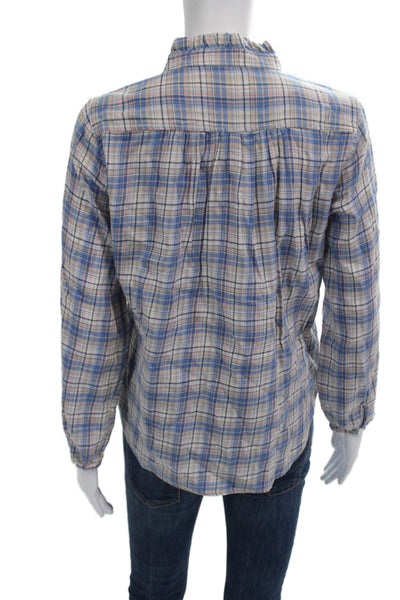 Trovata Women Bohemian Plaid High Neck Button Up Blouse Long Sleeve Size XS