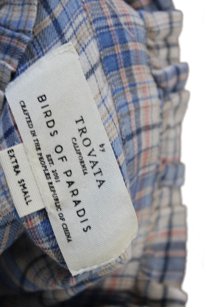 Trovata Women Bohemian Plaid High Neck Button Up Blouse Long Sleeve Size XS