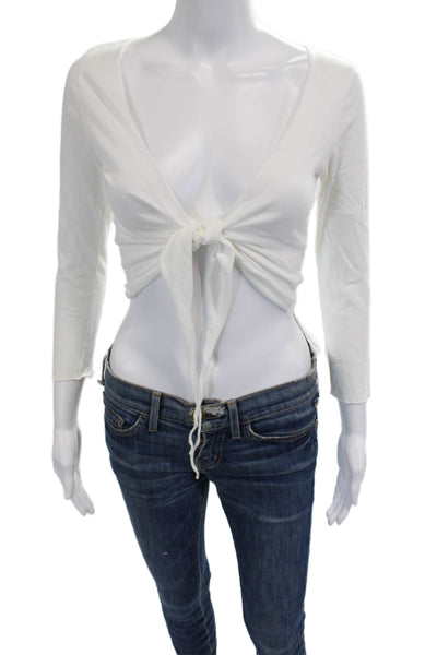 Velvet Womens Cropped Bohemian V-Neck Long Sleeve White Top Drawstring Size S