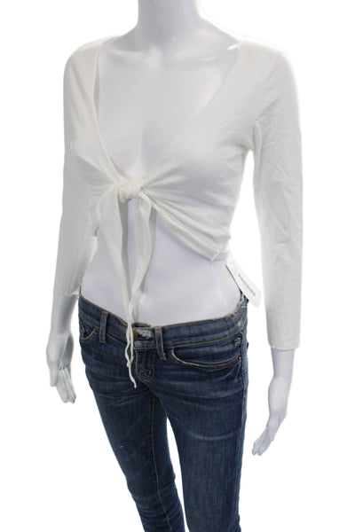 Velvet Womens Cropped Bohemian V-Neck Long Sleeve White Top Drawstring Size S