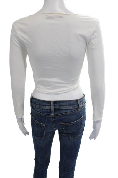 Velvet Womens Cropped Bohemian V-Neck Long Sleeve White Top Drawstring Size S