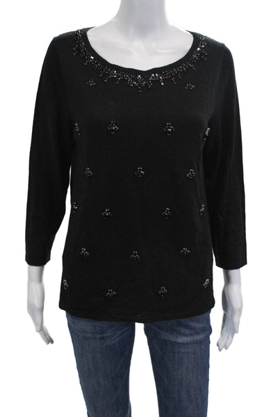 Talbots Womens Merino Wool 3/4 Sleeve Round Neck Black Top Size XL