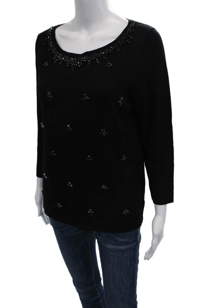 Talbots Womens Merino Wool 3/4 Sleeve Round Neck Black Top Size XL