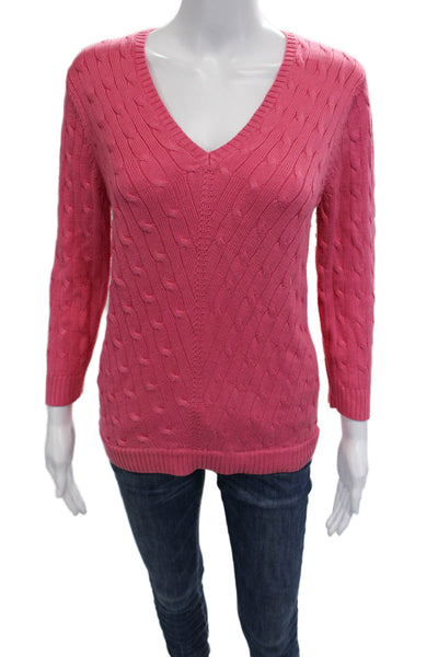 Lauren Ralph Lauren Women Pink V Neck Pullover Sweater 3/4 Sleeve Size M