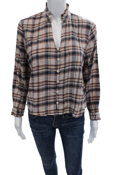 Trovata Women Beige Plaid Mock Neck Long Sleeve Cotton Blouse Button Up Size XS