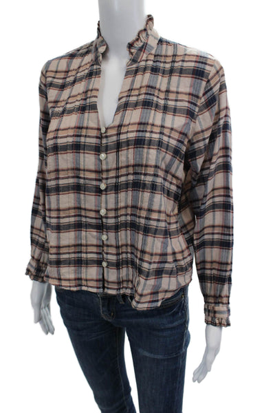 Trovata Women Beige Plaid Mock Neck Long Sleeve Cotton Blouse Button Up Size XS