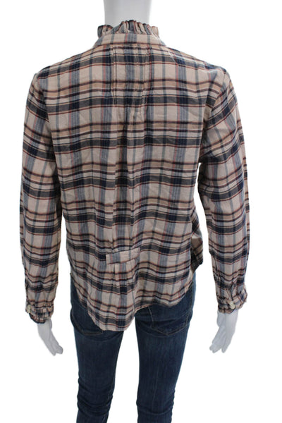 Trovata Women Beige Plaid Mock Neck Long Sleeve Cotton Blouse Button Up Size XS