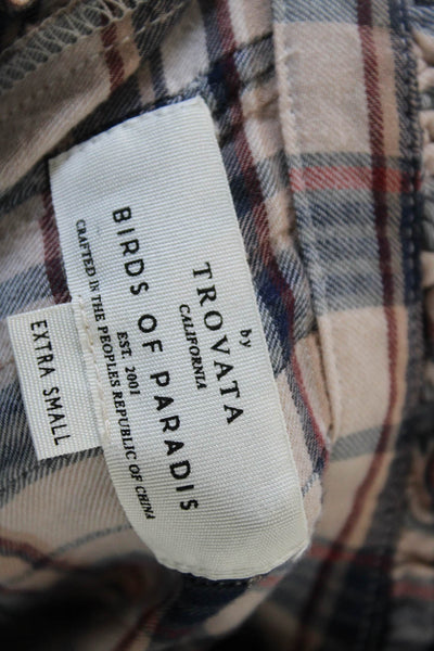 Trovata Women Beige Plaid Mock Neck Long Sleeve Cotton Blouse Button Up Size XS