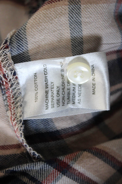 Trovata Women Beige Plaid Mock Neck Long Sleeve Cotton Blouse Button Up Size XS