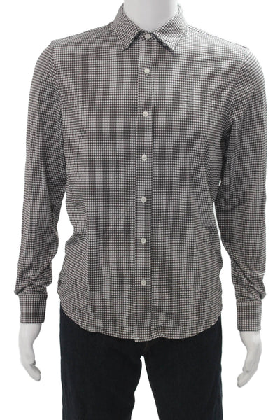 Rhone Mens Button Front Long Sleeve Collared Gingham Shirt Brown White Medium