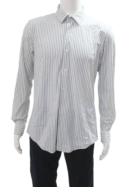 Zara Mens Long Sleeve Button Front Collared Striped Shirt White Blue Size Large