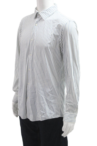 Zara Mens Long Sleeve Button Front Collared Striped Shirt White Blue Size Large