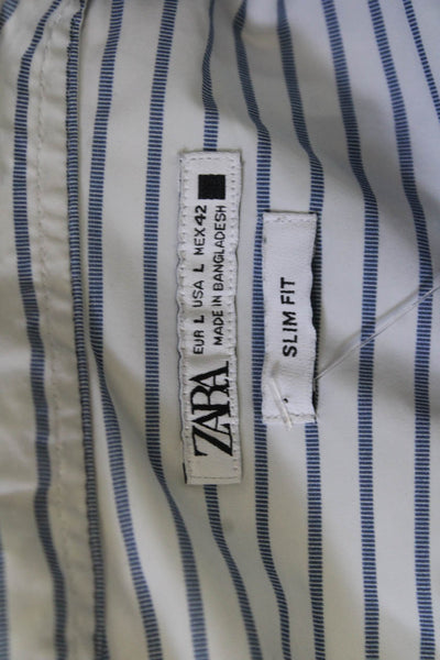 Zara Mens Long Sleeve Button Front Collared Striped Shirt White Blue Size Large