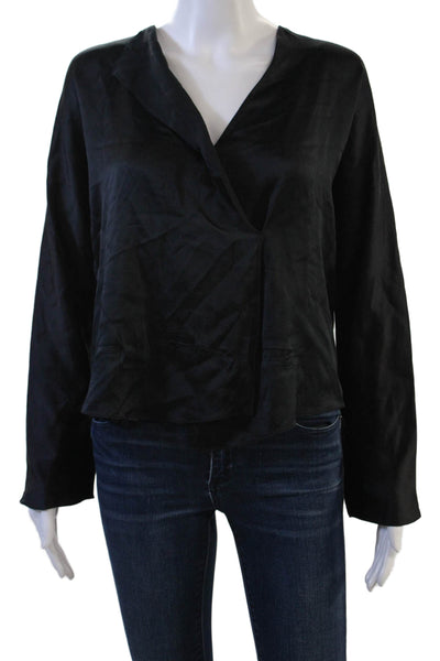 Vince Women Black Silk V-Neck Long Sleeve Blouse Designer Size XS