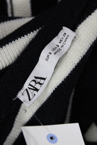 Zara Women Striped Viscose Blend Cardigan Black Long Sleeve Round Neck Size S