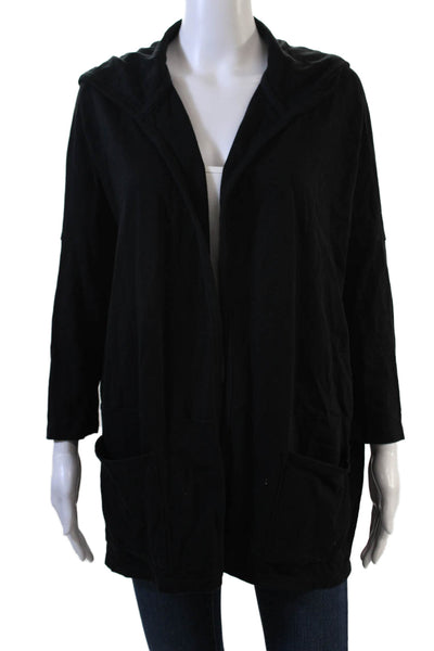 White + Warren Womens Black Cotton Cardigan Hoodie 3/4 Sleeve Size S