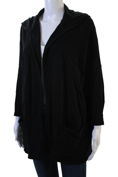 White + Warren Womens Black Cotton Cardigan Hoodie 3/4 Sleeve Size S