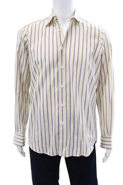 Luciano Barbera Mens Striped Long Sleeve Button Up Shirt Yellow Size S