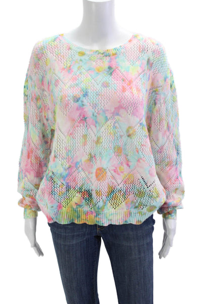 Cotton By Autumn Cashmere Women Pullover Lt Blue Floral Crewneck Size L