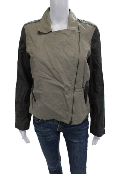 Eileen Fisher Womens Biker Motorcycle Linen Jacket Beige Zip Collared Size M