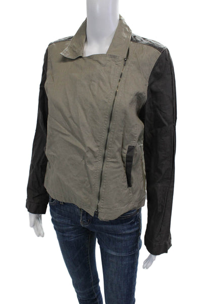 Eileen Fisher Womens Biker Motorcycle Linen Jacket Beige Zip Collared Size M
