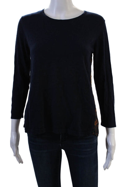 Kachal X Anthropologie Women Dark Blue Floral Crew Neck 3/4 Sleeve Top Size 8